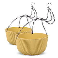 Dexceder front view of two yellow hanging planters showing self-watering feature and vibrant color