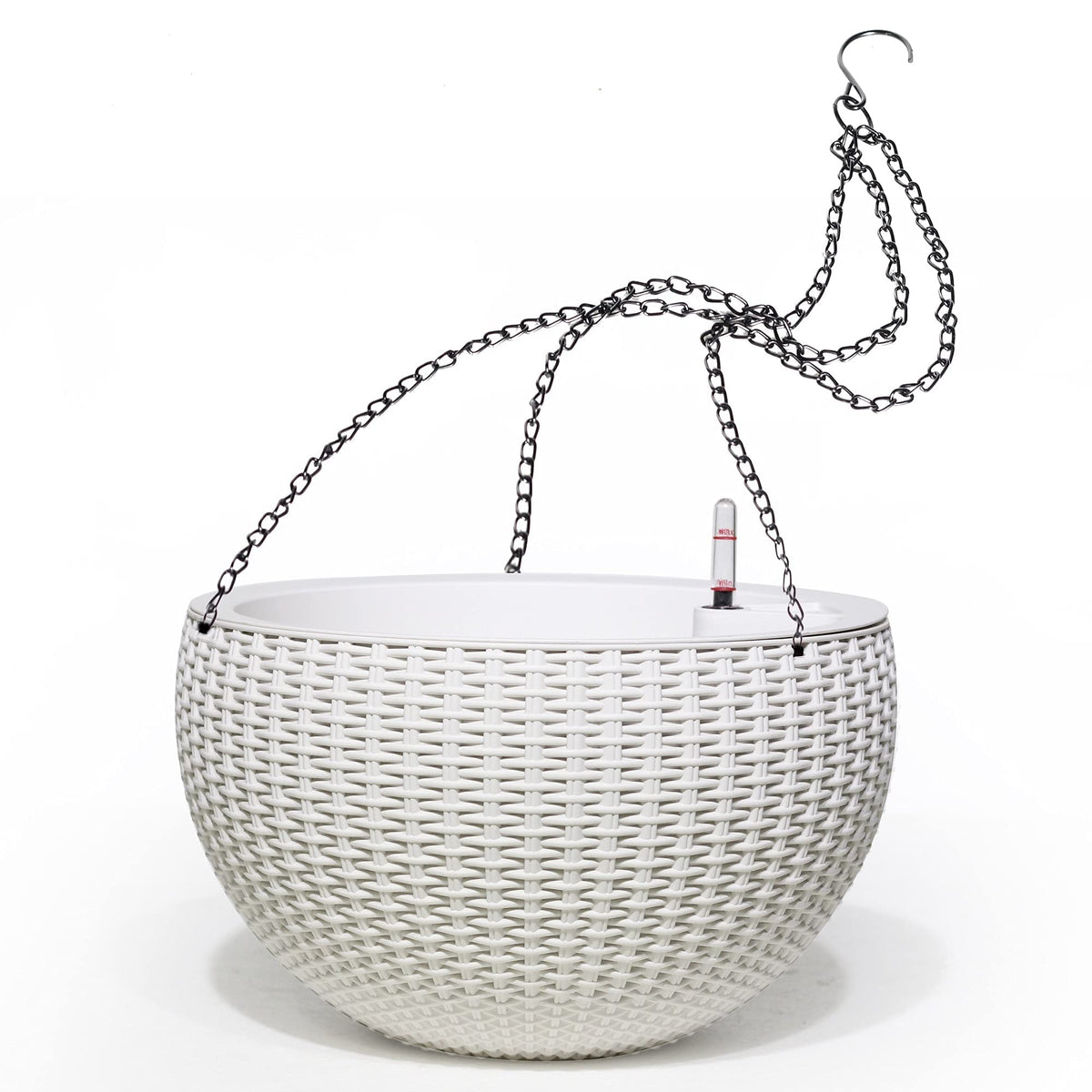 Dexceder front view of white hanging planter showing clean design and large capacity