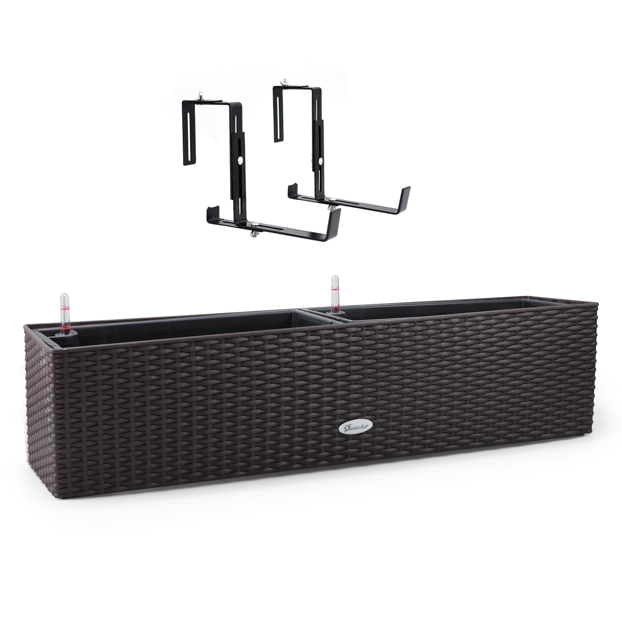 Dexceder window box front view showing brown rattan finish and size benefits