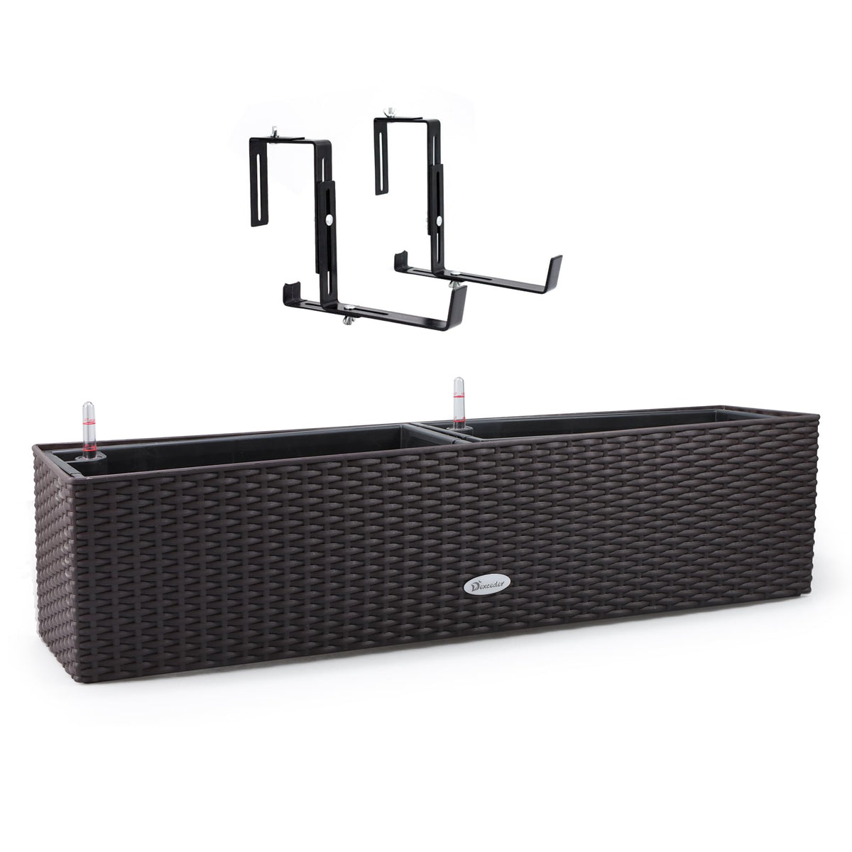 Dexceder window box front view showing brown rattan finish and size benefits