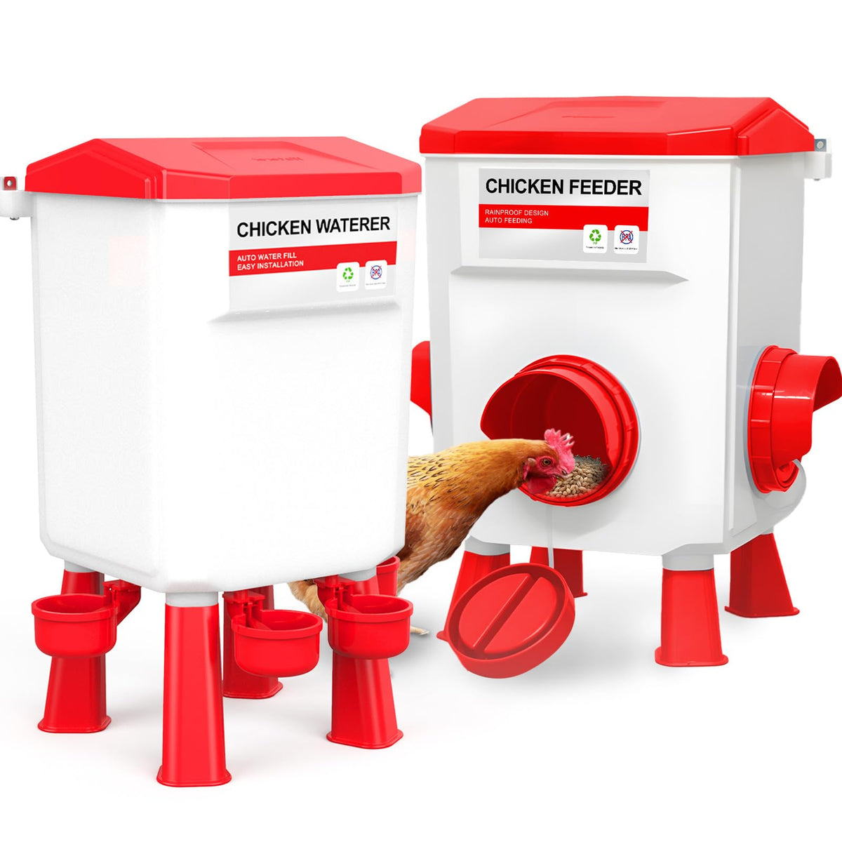 DEZHXHE front view of red feeder and waterer set showing compact design and space saving