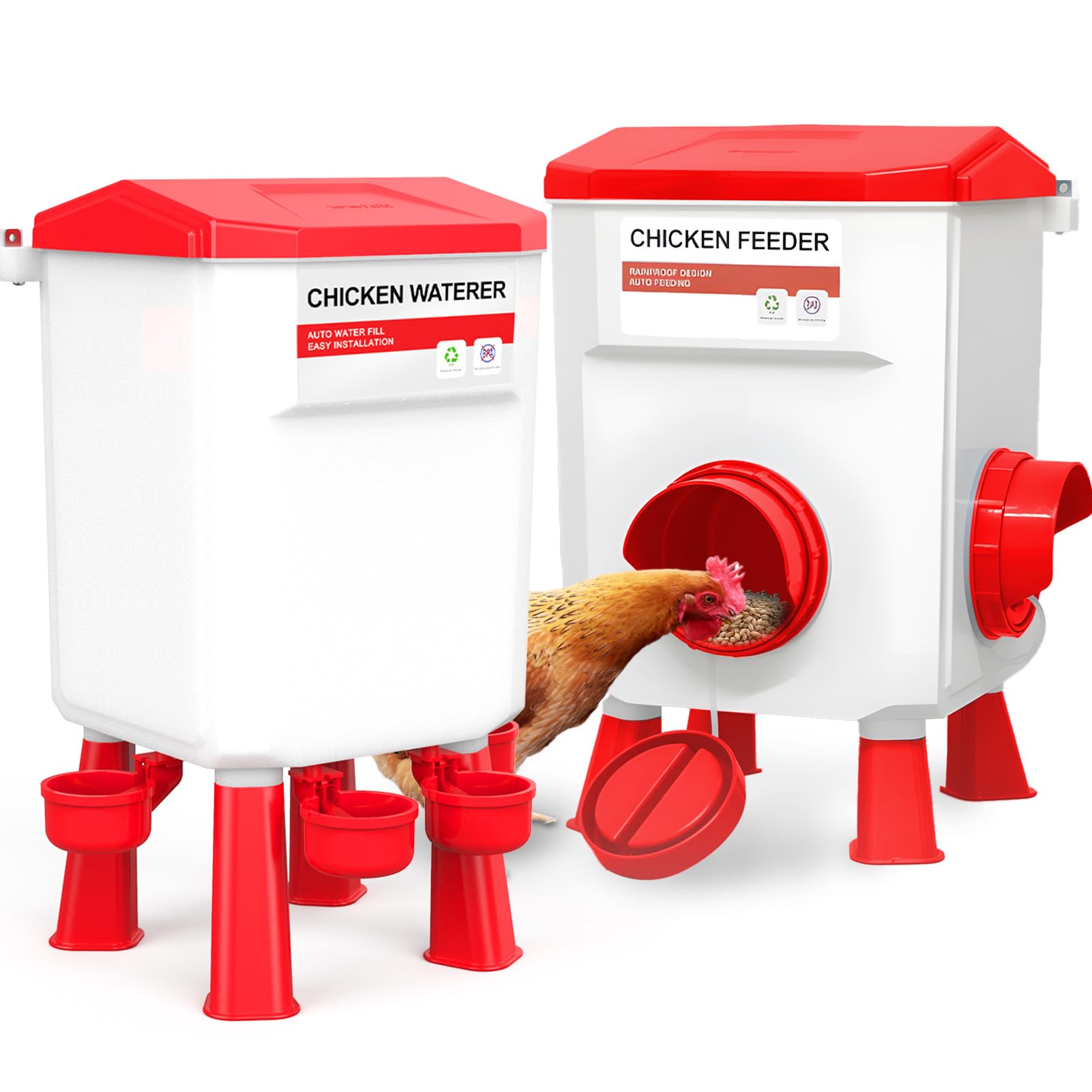 DEZHXHE front view of red feeder and waterer set showing compact no-waste design