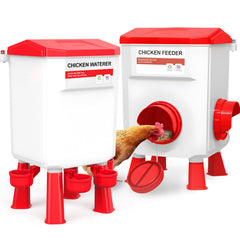 DEZHXHE front view of red feeder and waterer set showing compact no-waste design