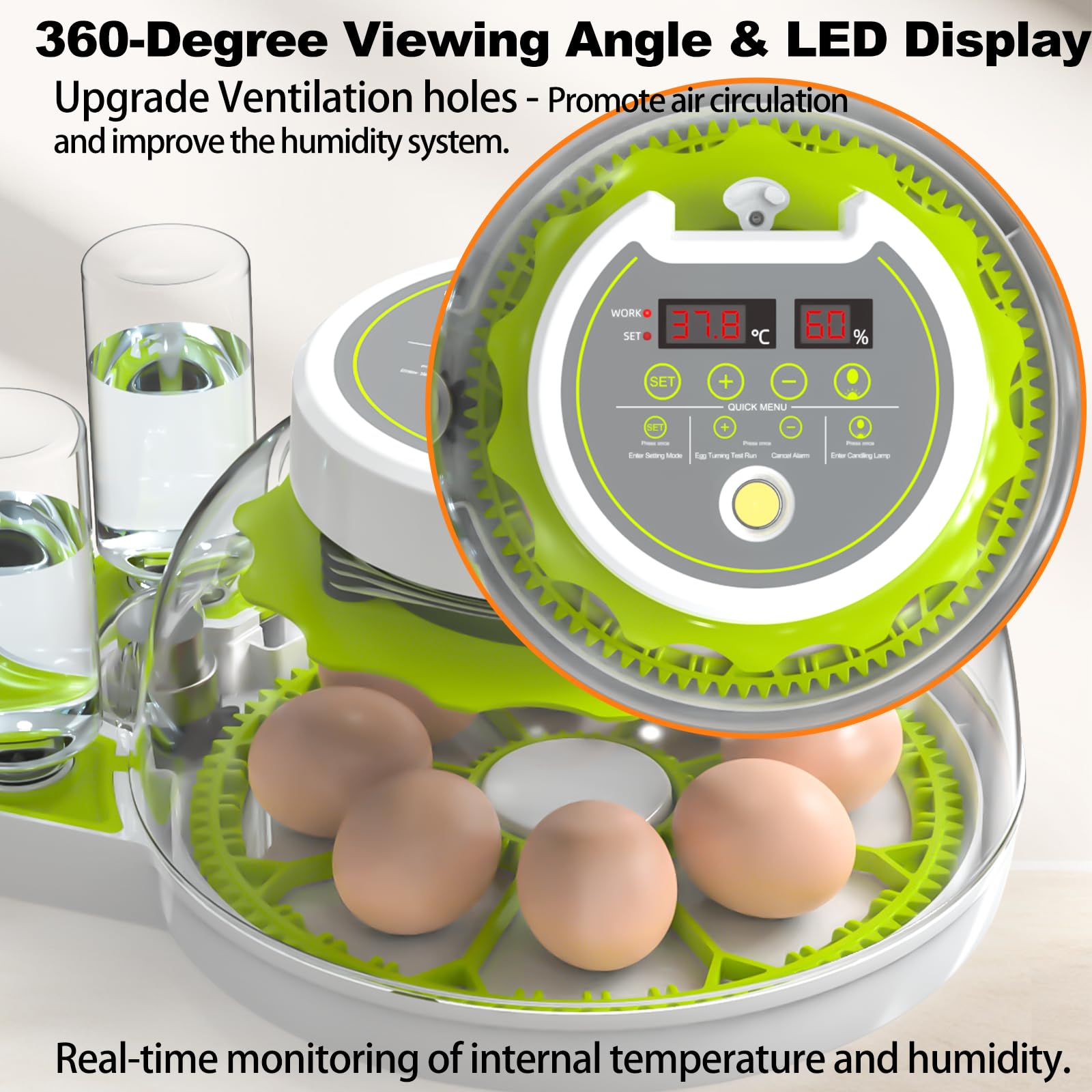DEZHXHE incubator with chicken eggs inside showing automated turning and uniform warmth