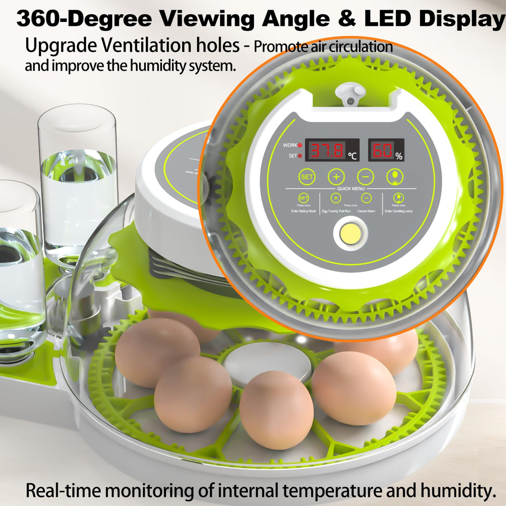 DEZHXHE incubator with chicken eggs inside showing automated turning and uniform warmth