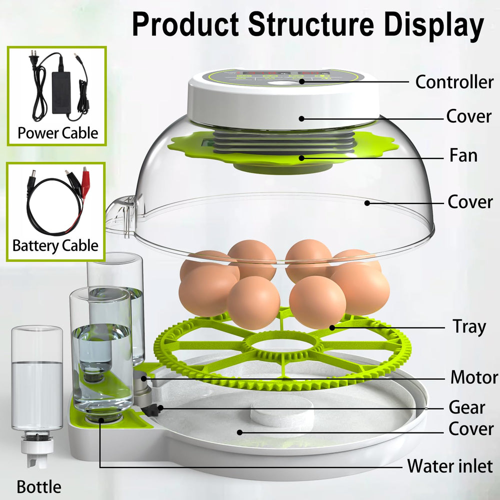 DEZHXHE incubator size comparison with hands showing compact footprint and home use