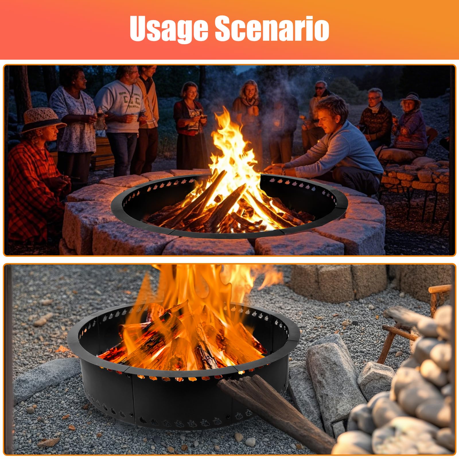 DFLU lit fire pit at night with friends nearby showing smokeless warmth and cozy outdoor ambiance benefit