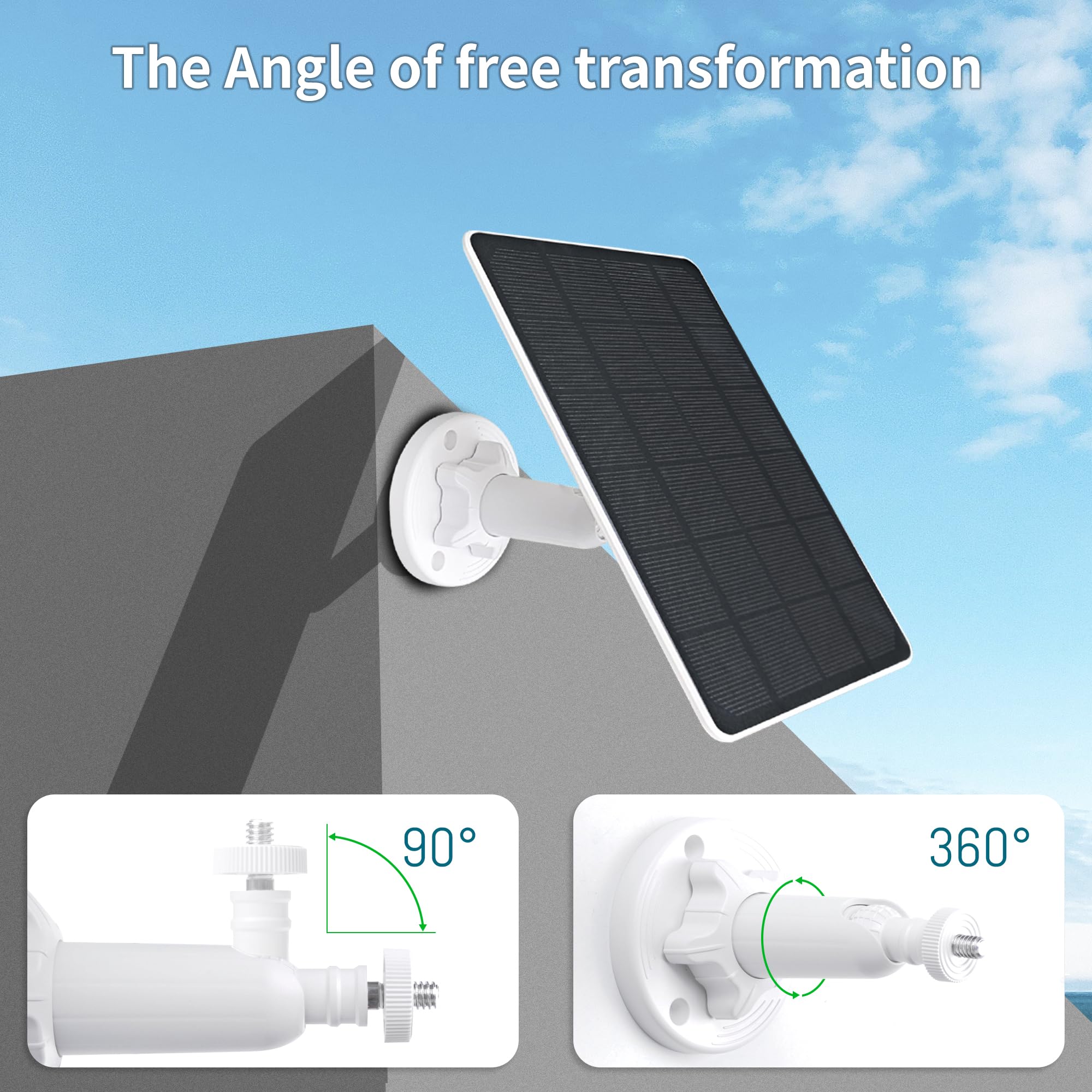 DFTIM solar panel mounted beside Arlo camera showing continuous outdoor charging benefit