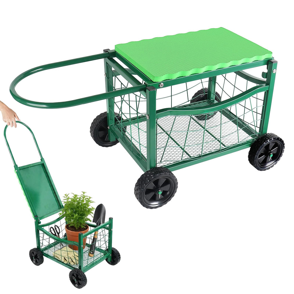 DGBAIZ front view of workseat showing wheels and padded seat for easier gardening
