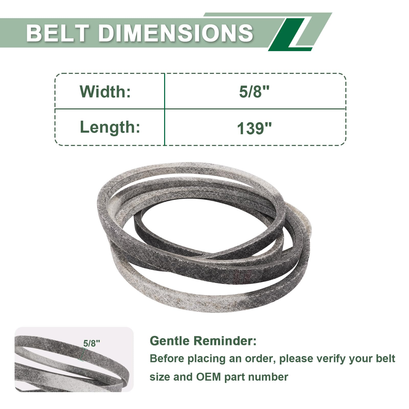 DHLPTX full belt laid out to show 5/8" x 139" length for correct fit verification