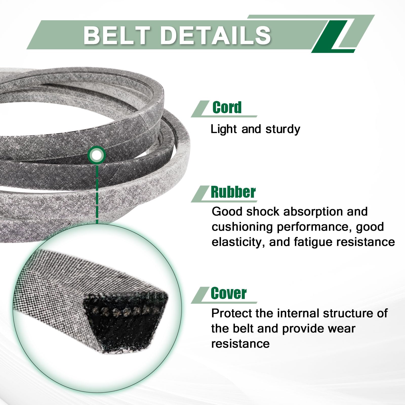 DHLPTX deck belt held in hands to show scale and confirm 5/8" x 152" size
