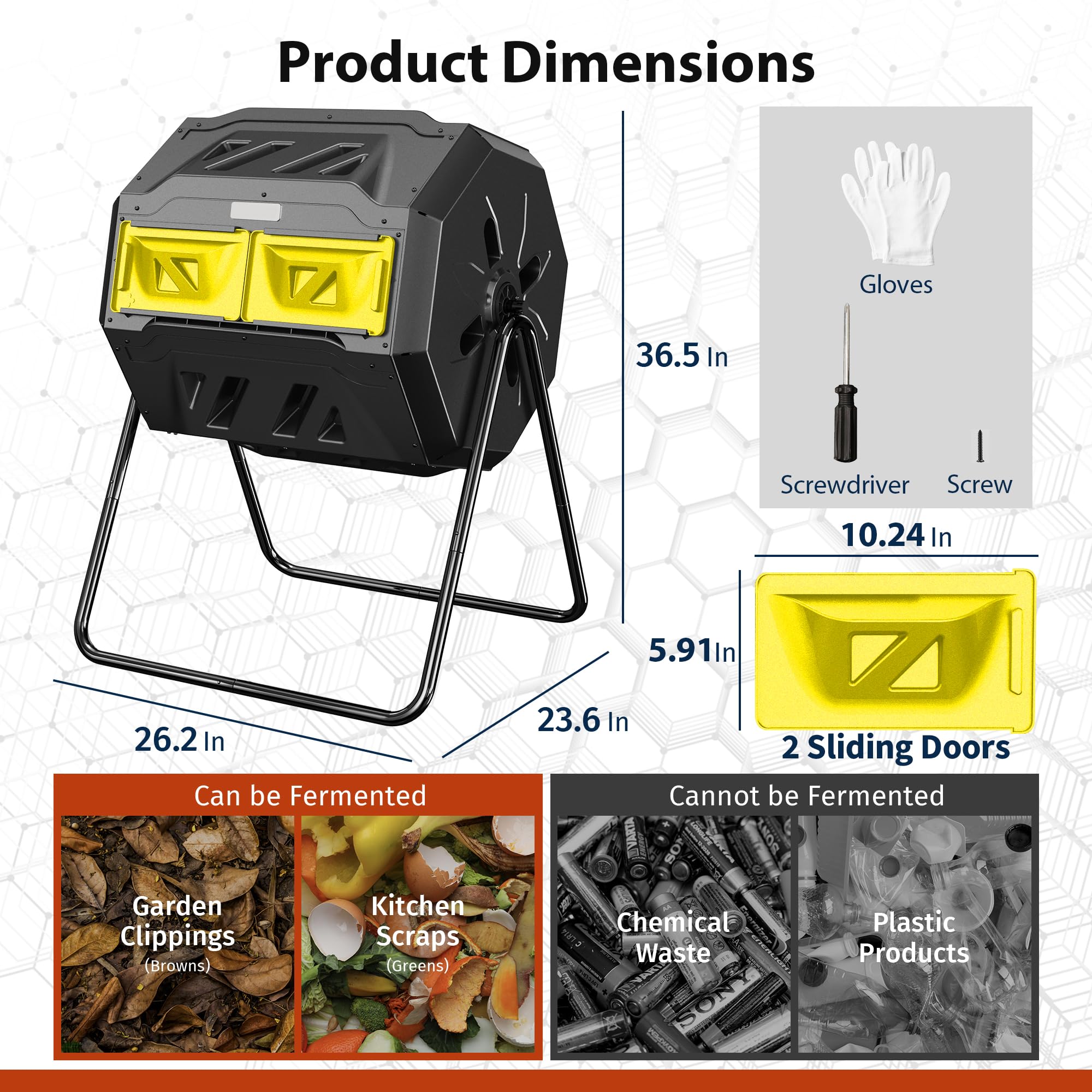 DIAMONDFORGE size comparison with garden tools to show 43-gallon capacity and space saving