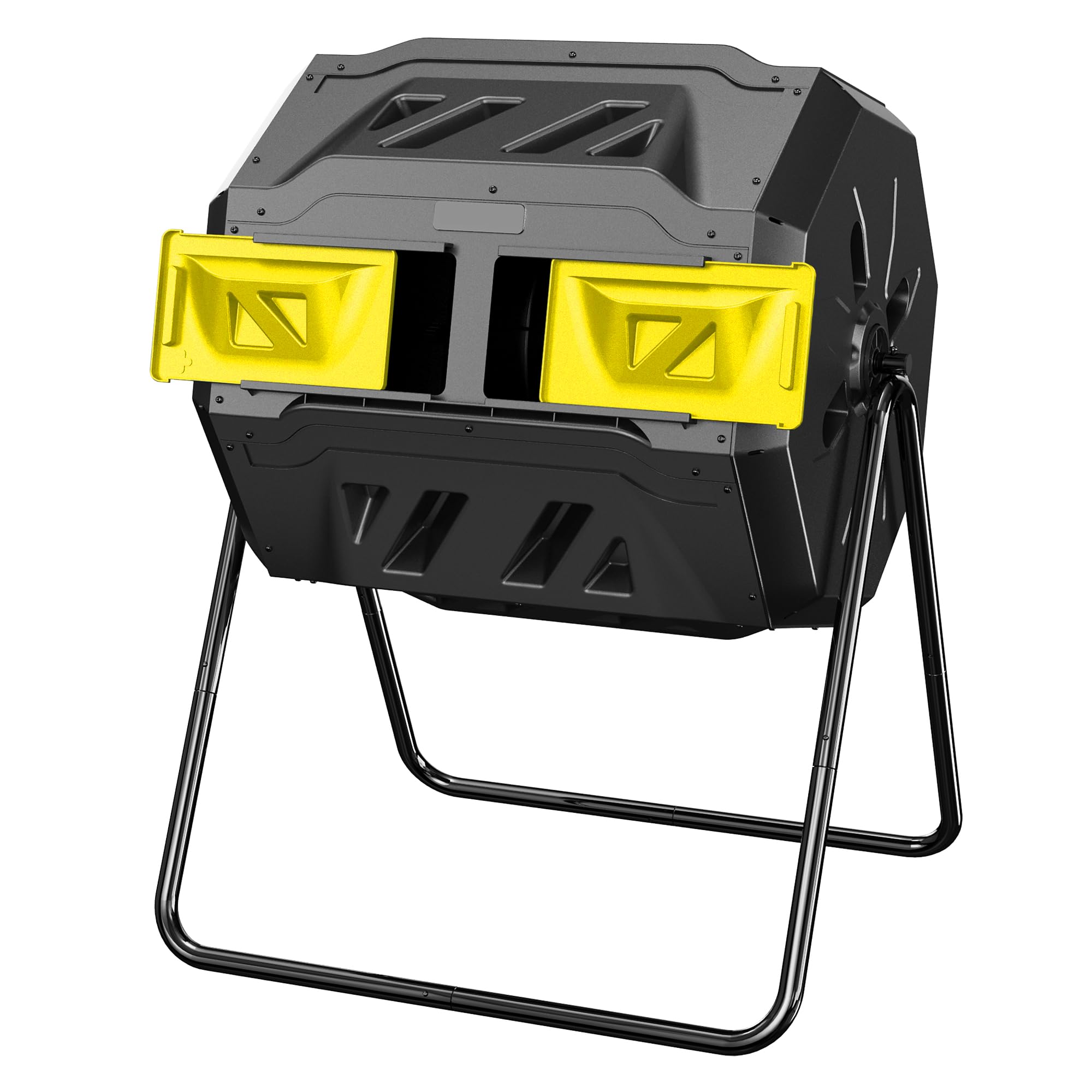 DIAMONDFORGE front view of compost tumbler showing dual chambers and access doors, simplifies composting