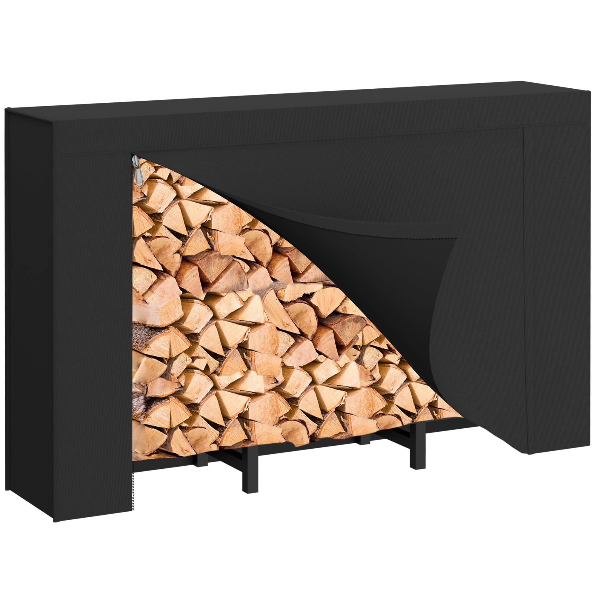 DIAMONDFORGE front view with cover protecting stacked firewood, weather protection