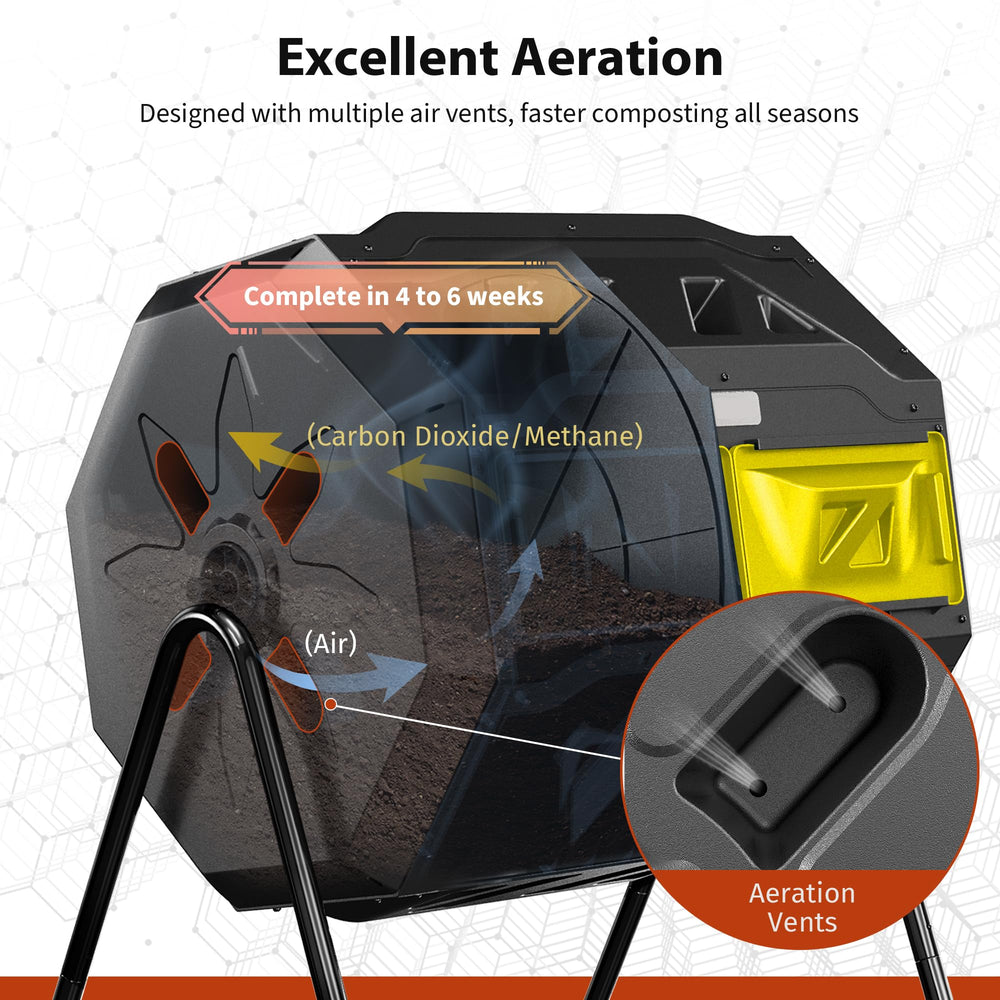 DIAMONDFORGE rotating tumbler in use in a garden, makes turning compost effortless