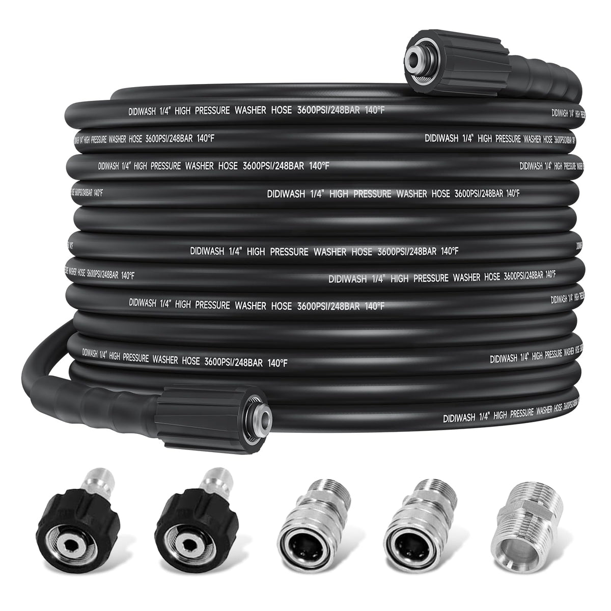 DiDiWash front view of 50ft pressure washer hose showing packaging and length benefit