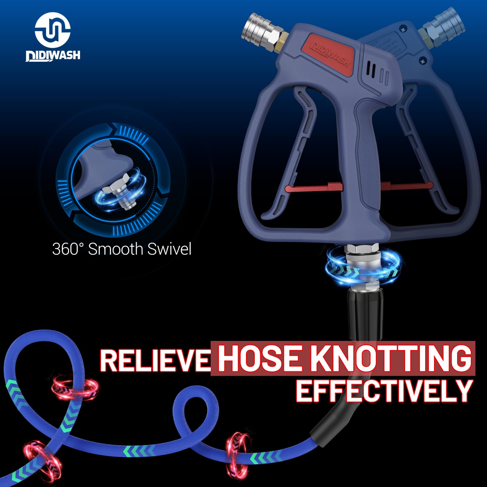 DiDiWash closeup of 360° rotating swivel joint preventing hose kinks and ensuring smooth flow