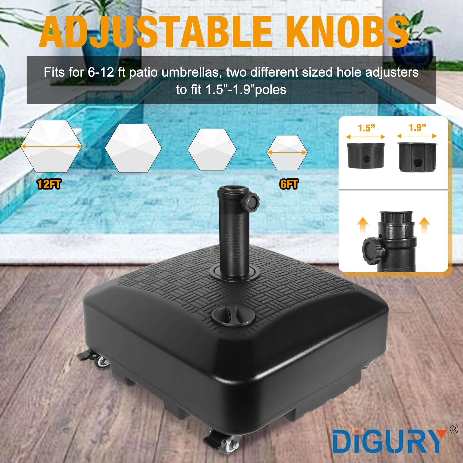 Digury scale comparison beside umbrella demonstrating size fit for 6–12 ft umbrellas