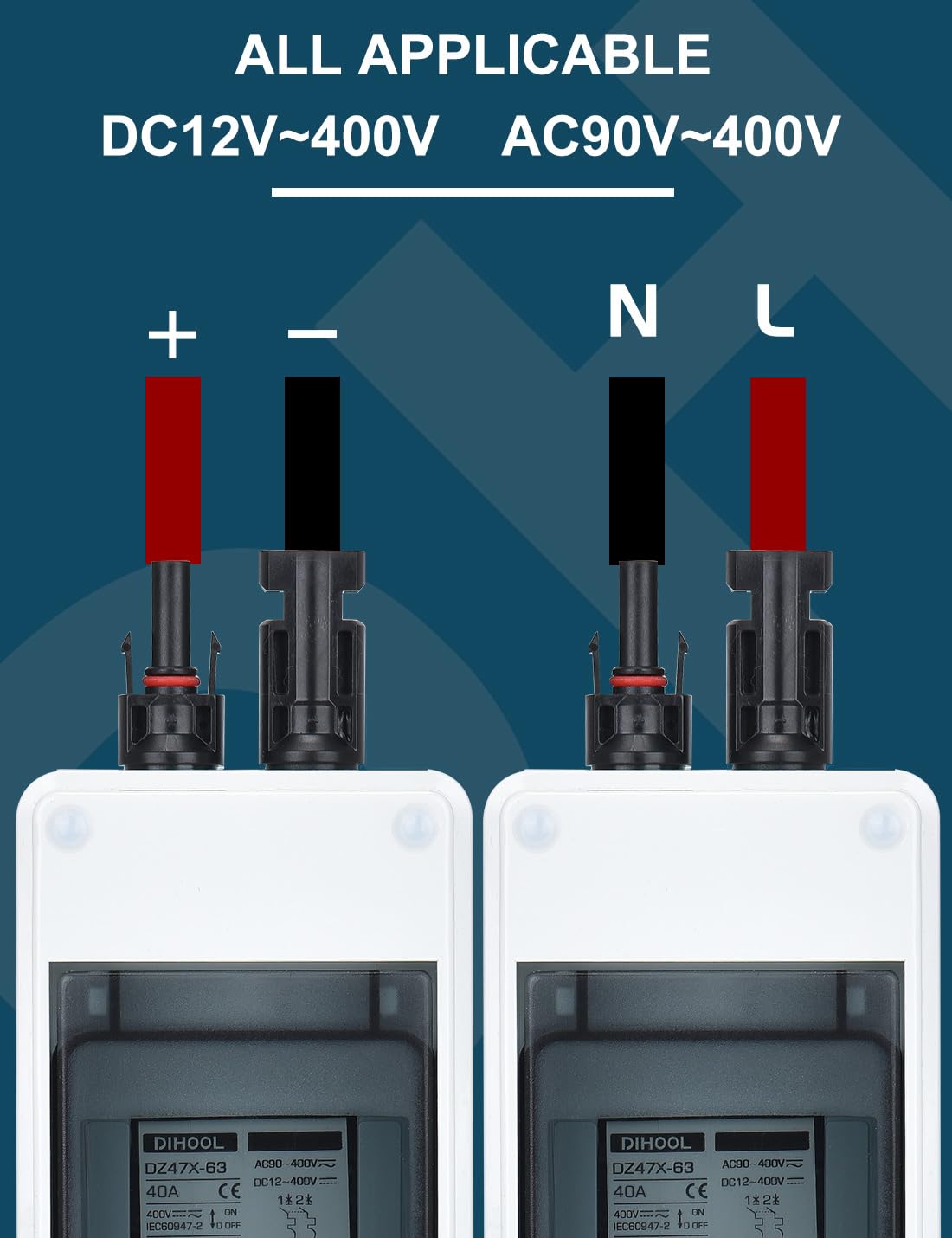 DIHOOL close-up of solar terminal block with included terminals for quick plug-and-play connection
