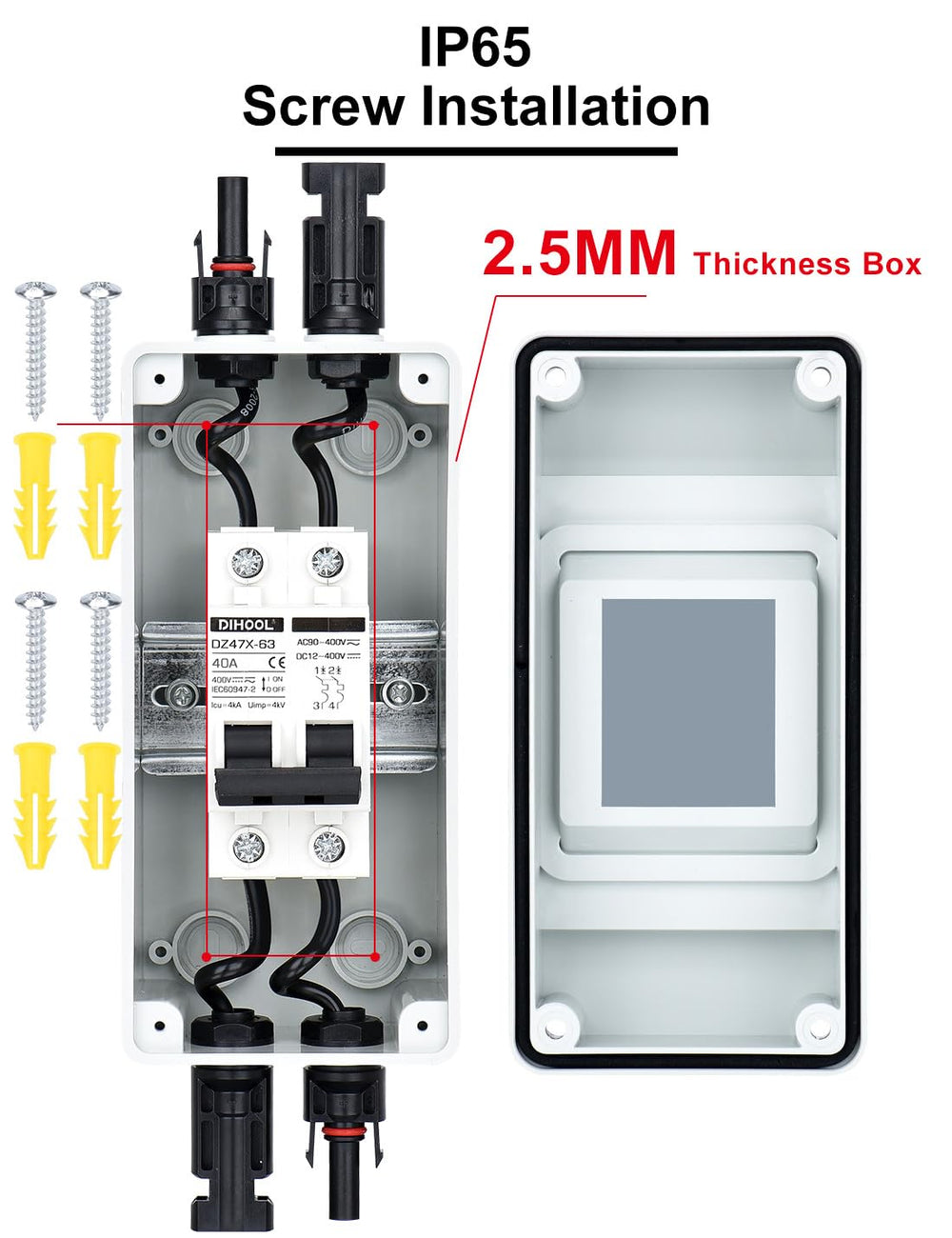 DIHOOL next to a ruler and cables to show compact size and wiring capacity for installers