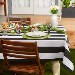DII cabana stripe on patio table lifestyle showcasing waterproof protection