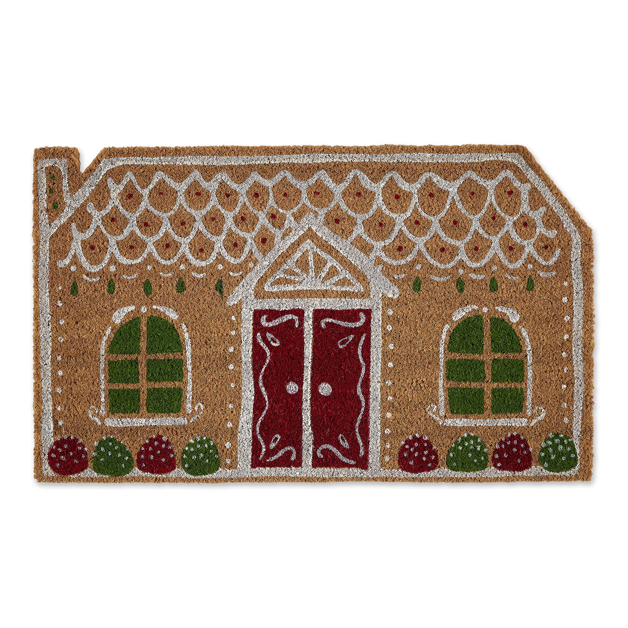 DII gingerbread house front view showing festive print and durable coir
