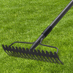 DIIG front view of 17-tine rake showing full width and reach for efficient work