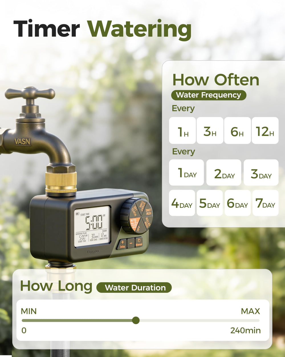 Diivoo brass timer close-up display showing next schedule and battery level