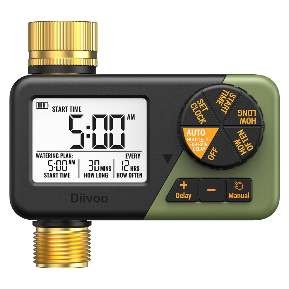 Diivoo brass timer front view showing controls and benefit of clear scheduling