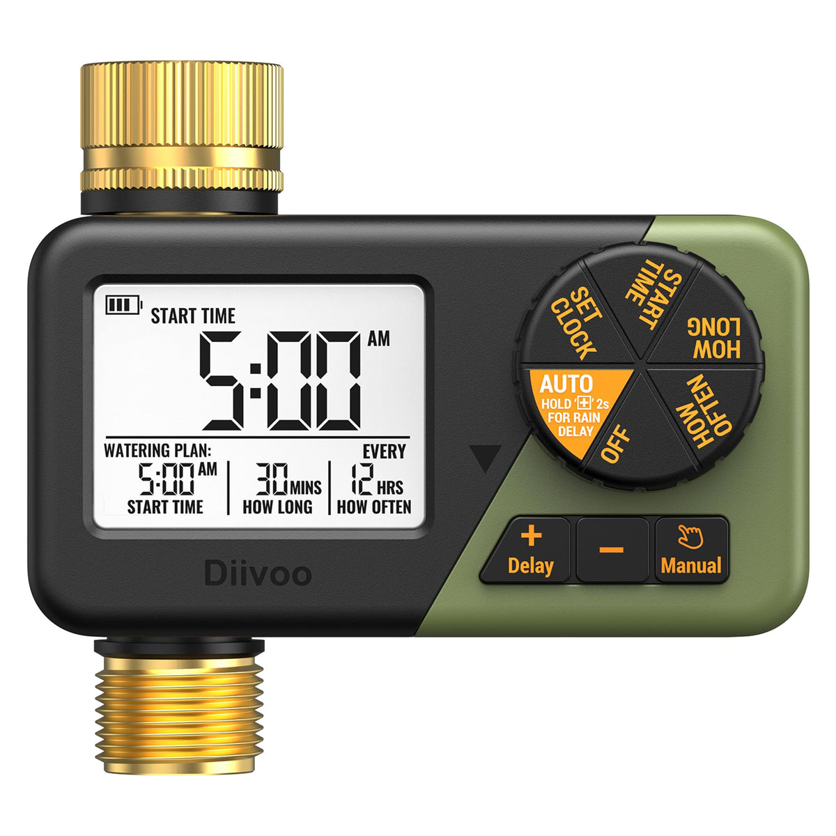 Diivoo brass timer front view showing controls and benefit of clear scheduling