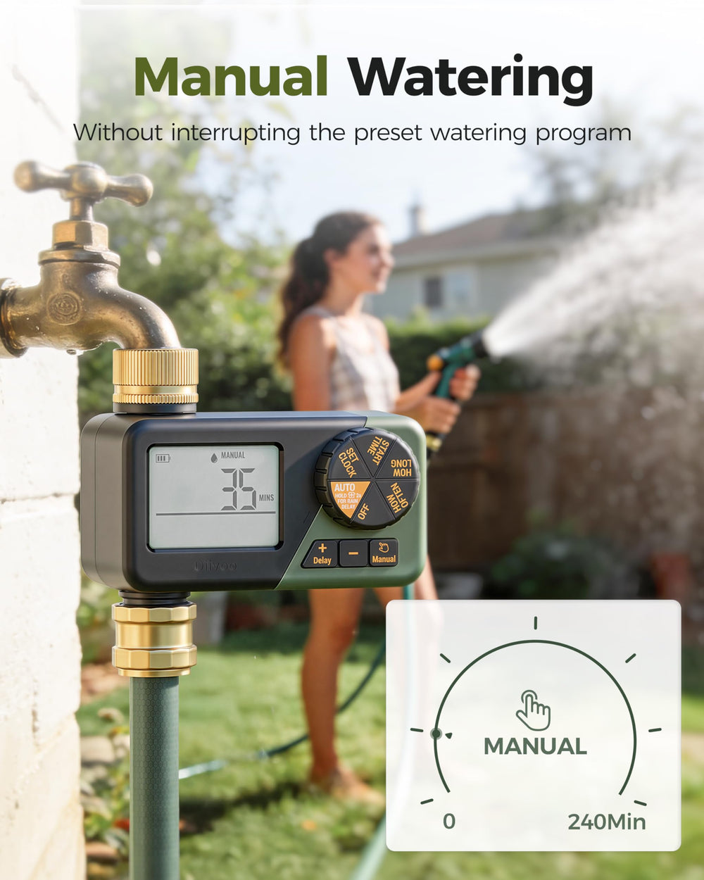 Diivoo brass timer attached to drip lines showing efficient water distribution
