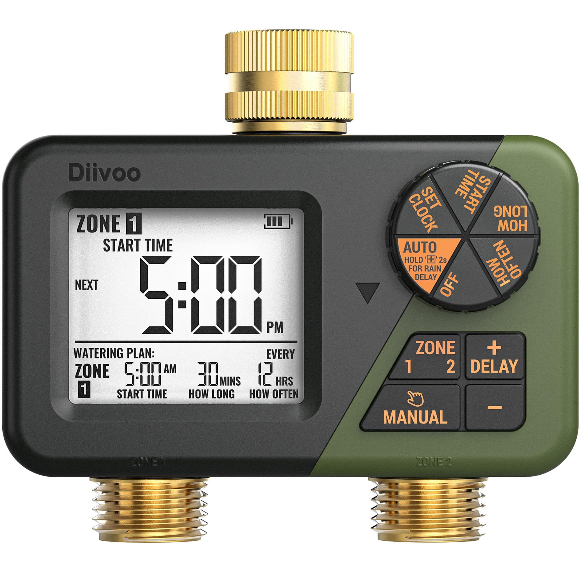 Diivoo front view showing brass hose timer and clear benefits of durable control