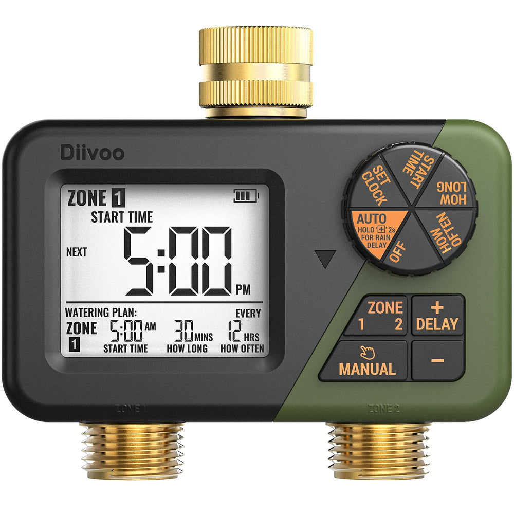 Diivoo front view showing brass hose timer and clear benefits of durable control
