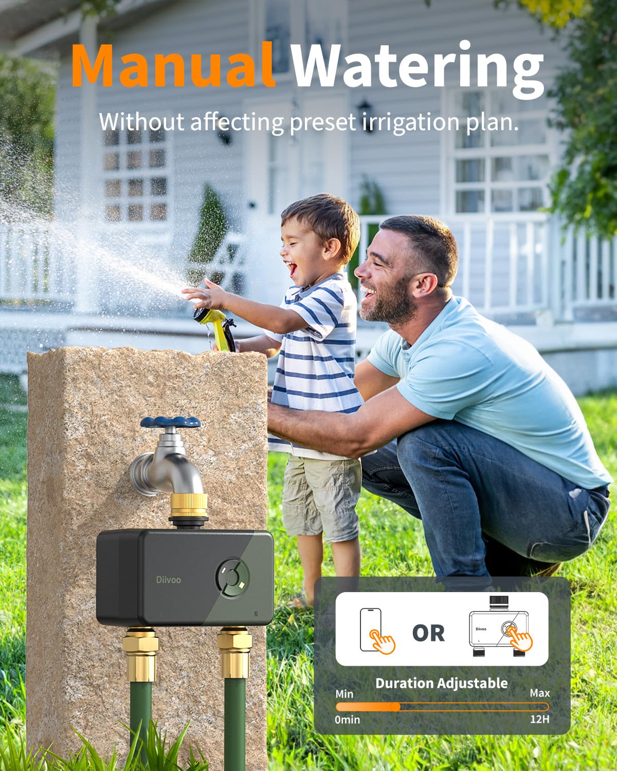 Diivoo mist mode in garden illustrating efficient low-flow cooling and watering