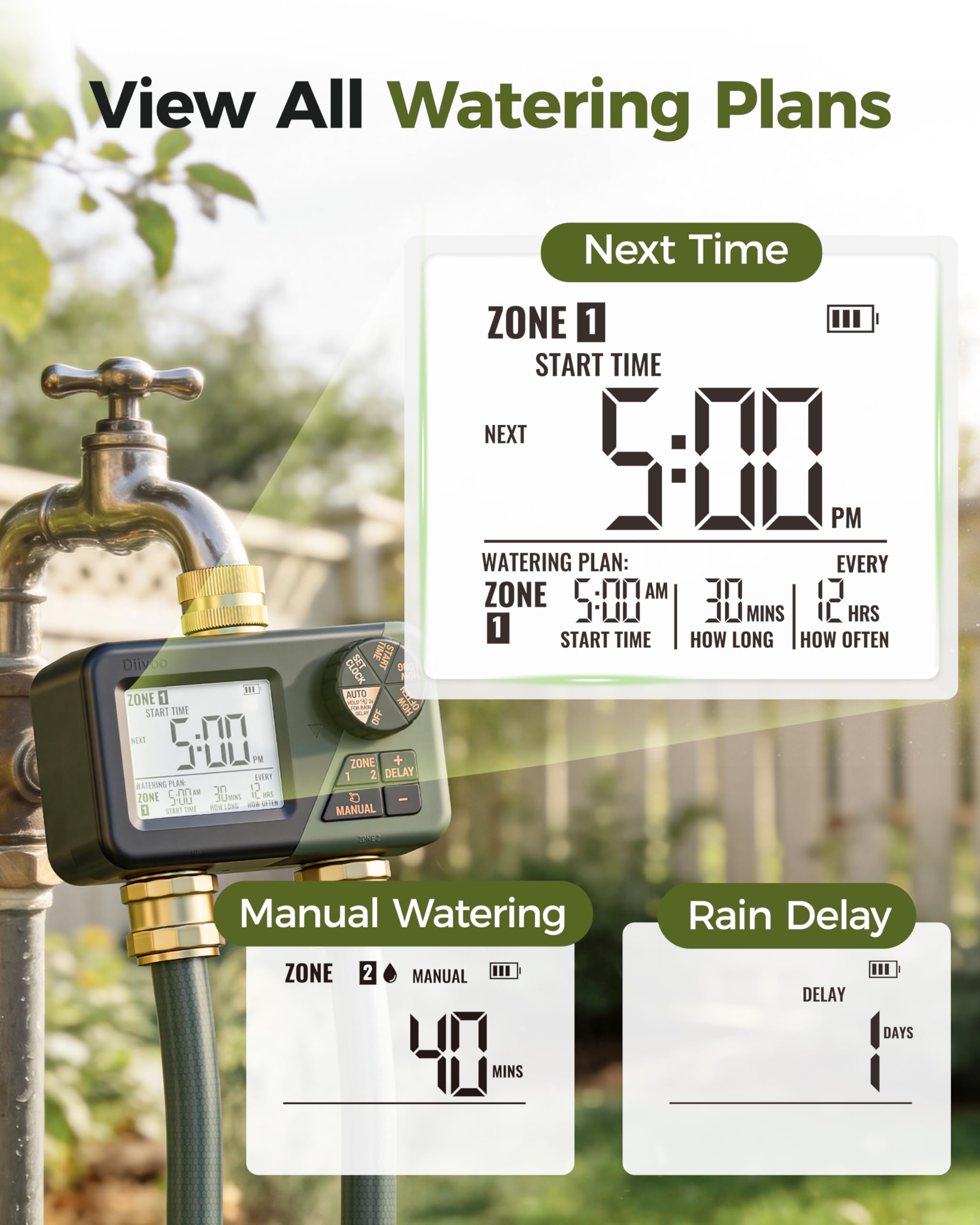 Diivoo two outlets connected to sprinklers for independent zone watering