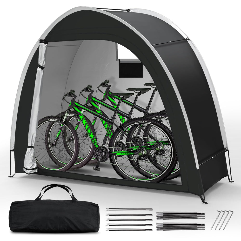 Dikutar front view showing tent protecting two bikes and keeping them dry