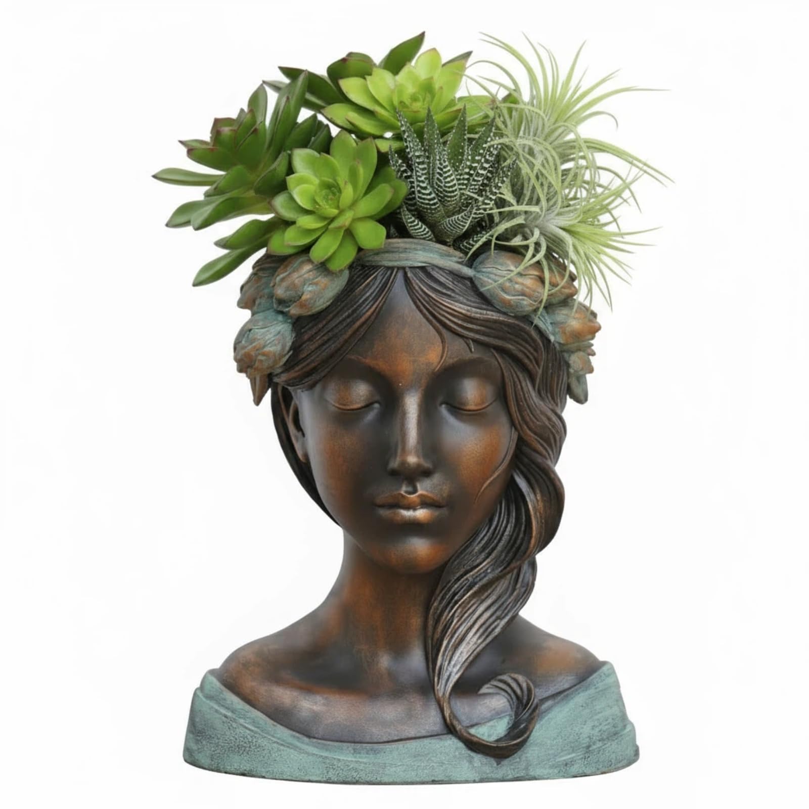 DiliComing front view planter shows sculptural lady face and bronze patina, stylish centerpiece