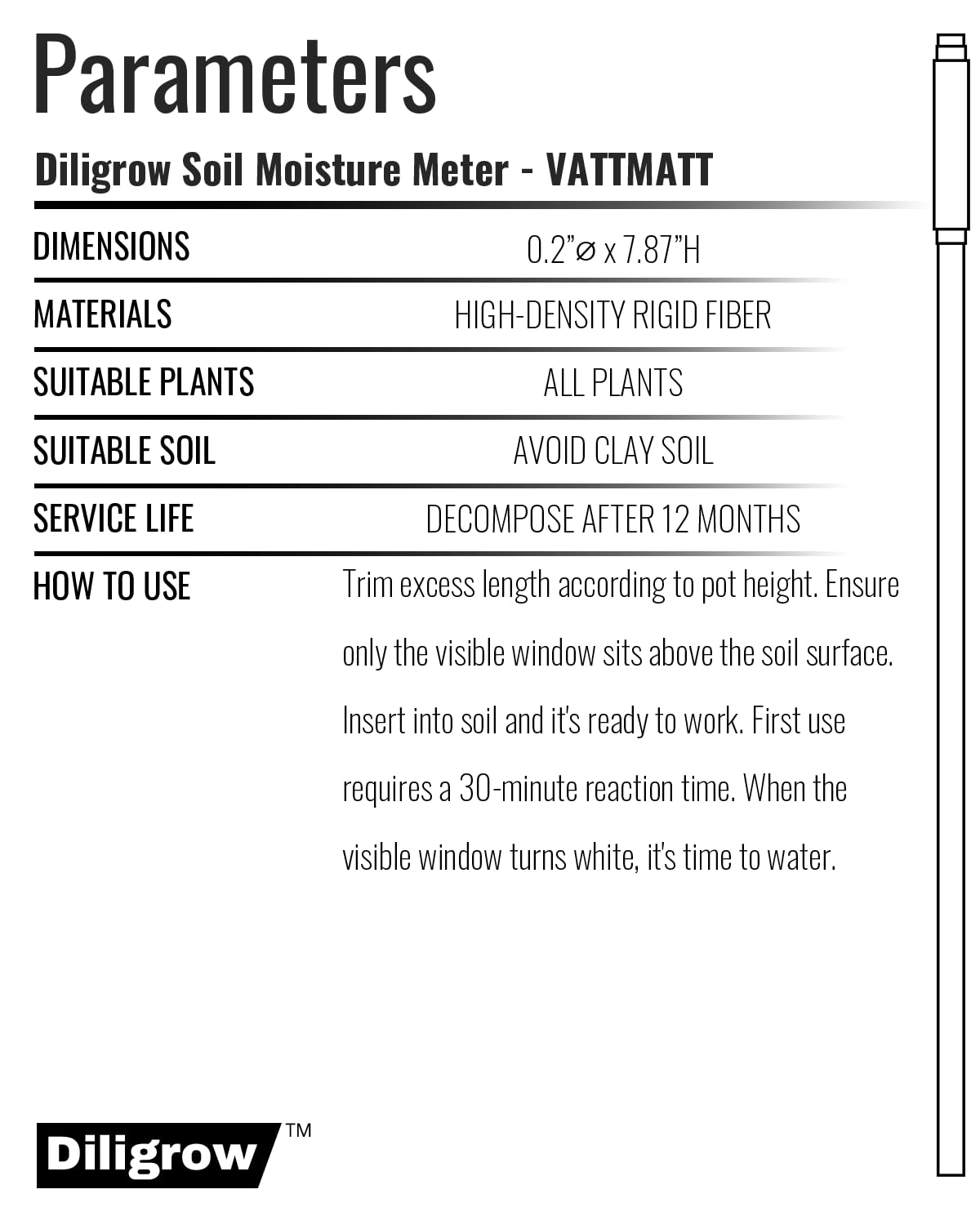 DILIGROW probe with wet indicator moss growth demonstrating warning for overwatering