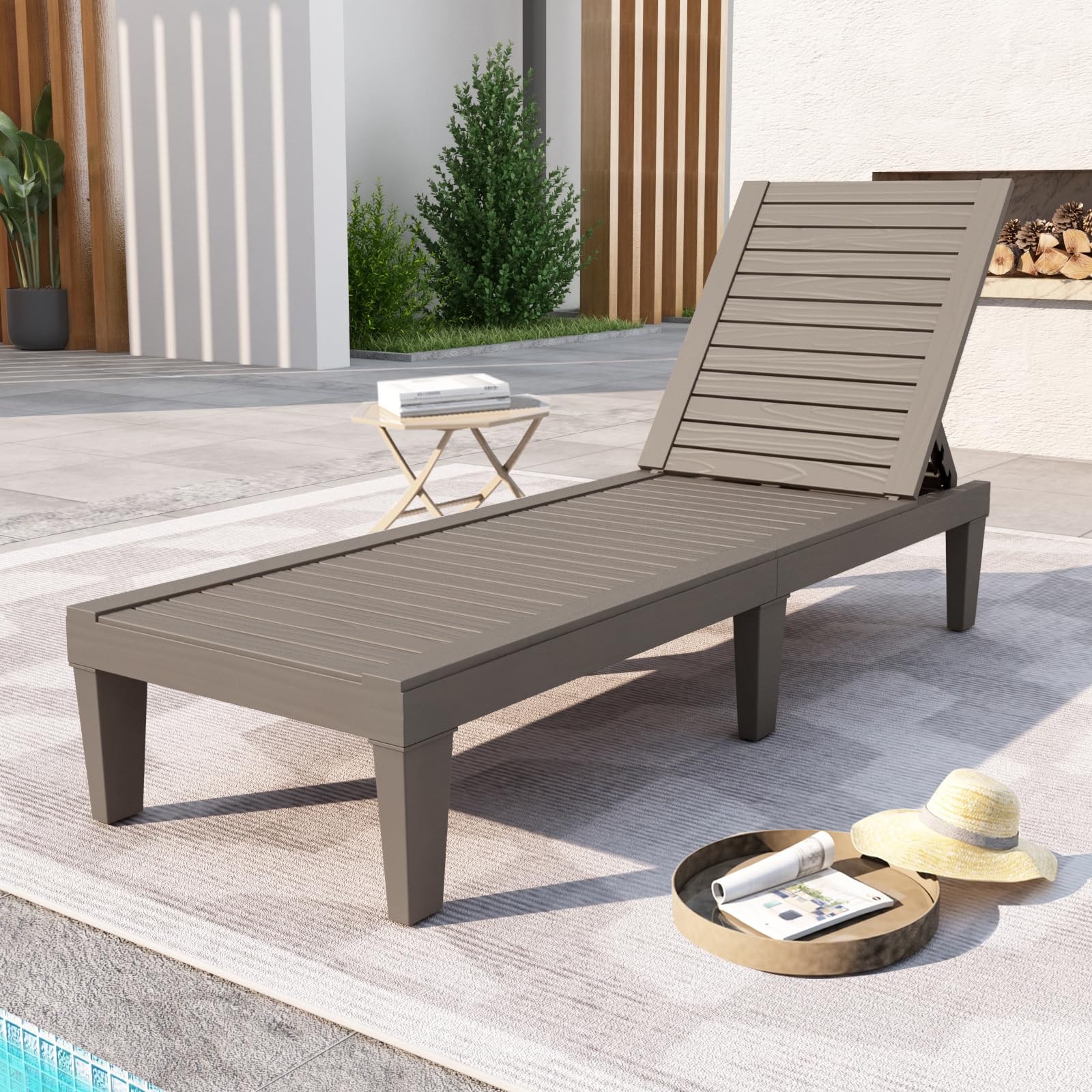 DIMAR GARDEN chaise in garden setting showing neutral taupe blending with decor