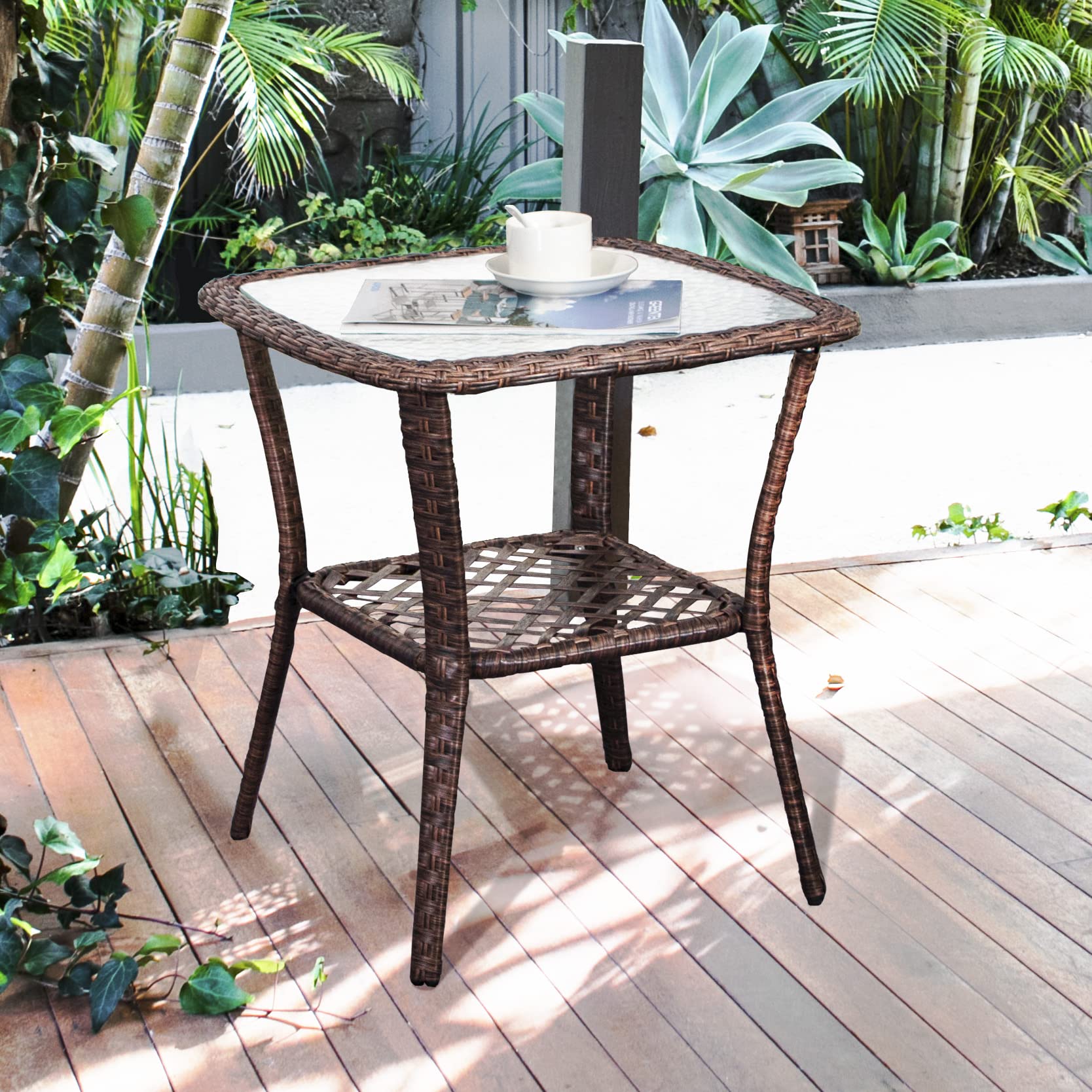 DIMAR GARDEN front view showing glass top and neat mixed brown wicker, durable surface
