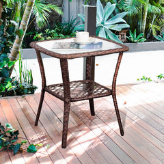 DIMAR GARDEN front view showing glass top and neat mixed brown wicker, durable surface