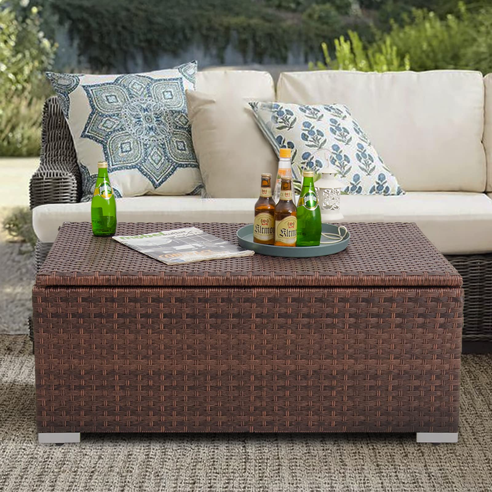 DIMAR GARDEN front view of mixed brown wicker table showing compact design and usable top