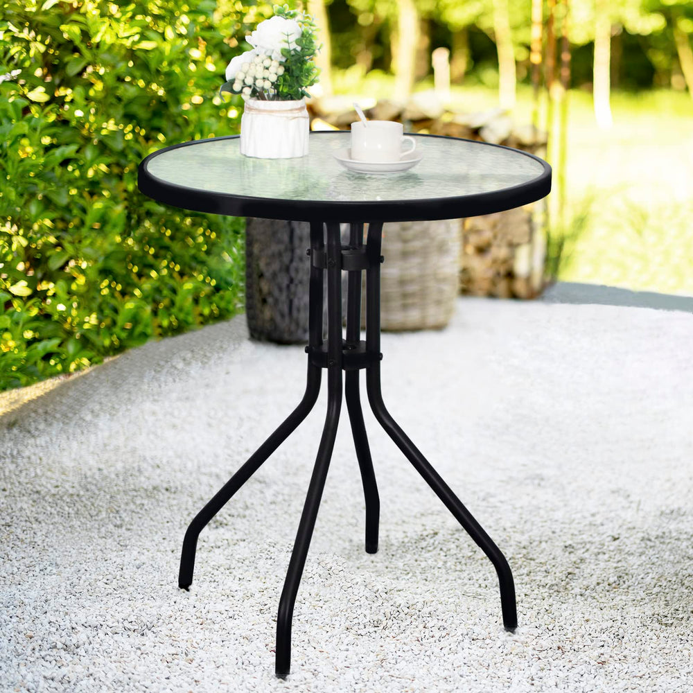 DIMAR GARDEN front view of round black bistro table showing full silhouette and glass top for elegant outdoor seating