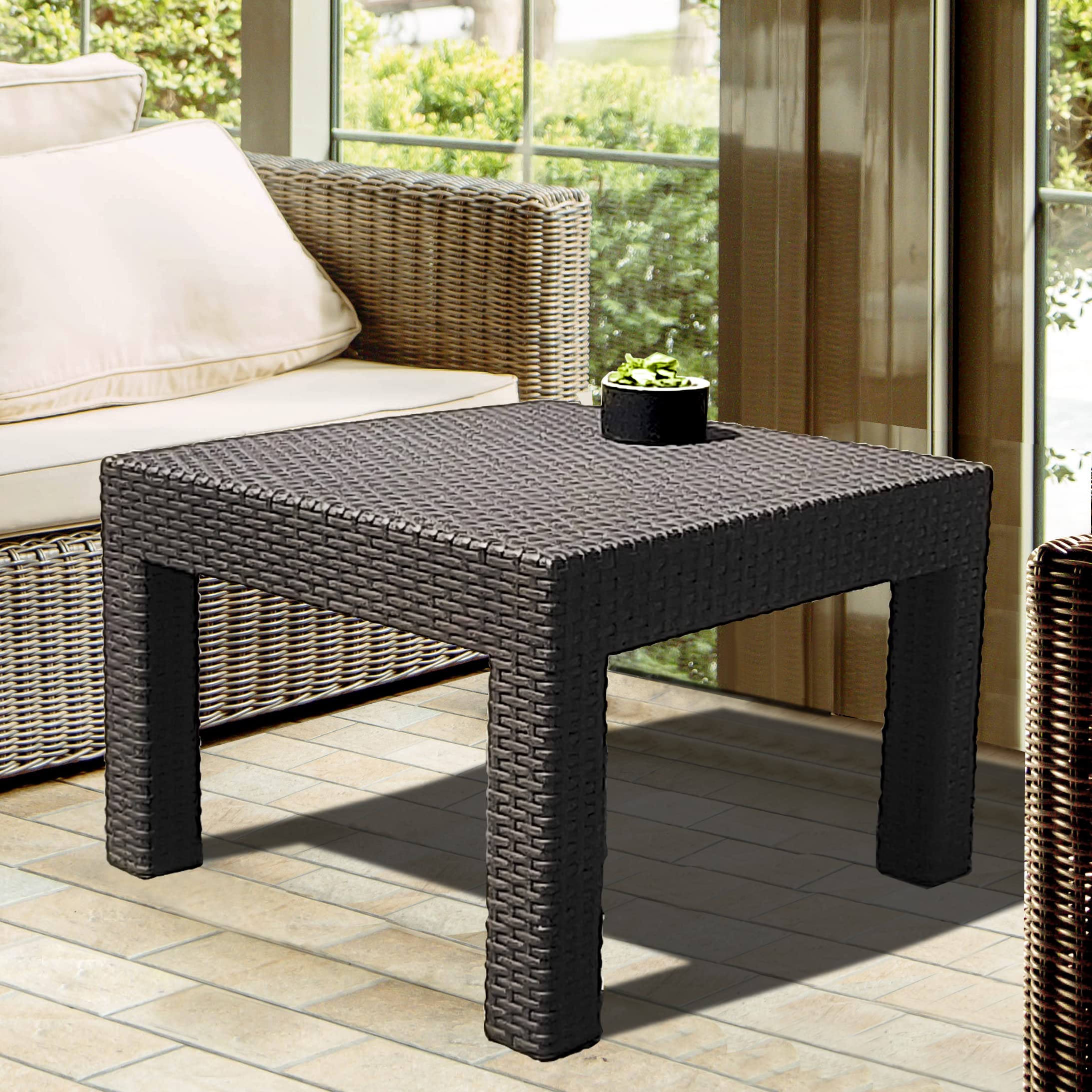 DIMAR GARDEN table next to lounge chair to show size and proportion for small decks