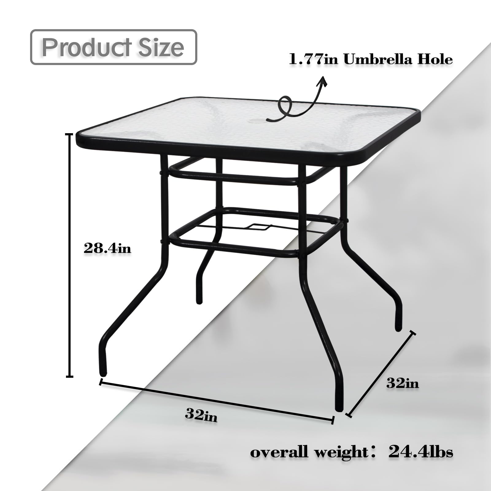 DIMAR GARDEN size comparison with chairs showing 32-inch square benefit space-efficient fit