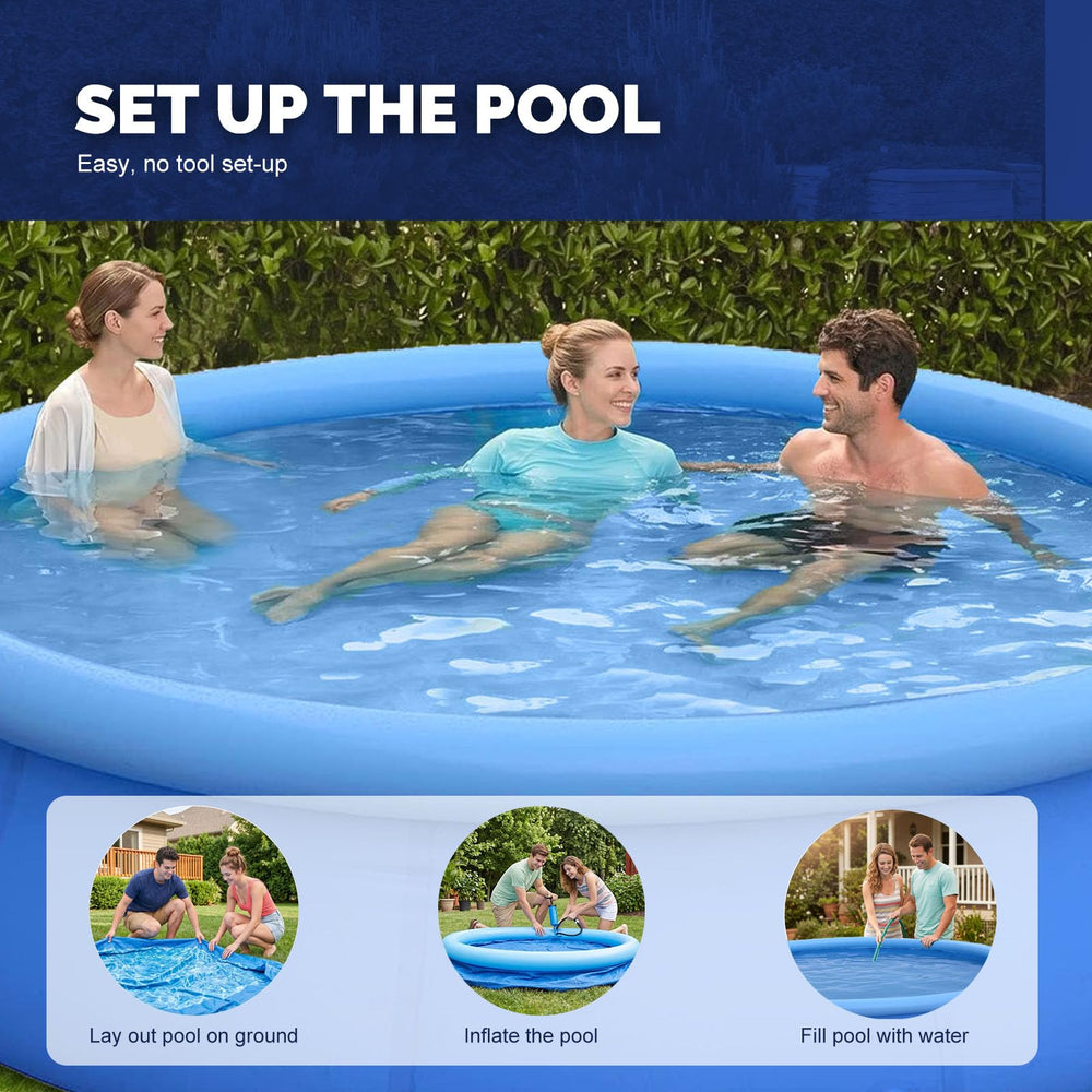 DIMAR GARDEN pool next to adult for scale showing 10ft x 30in size