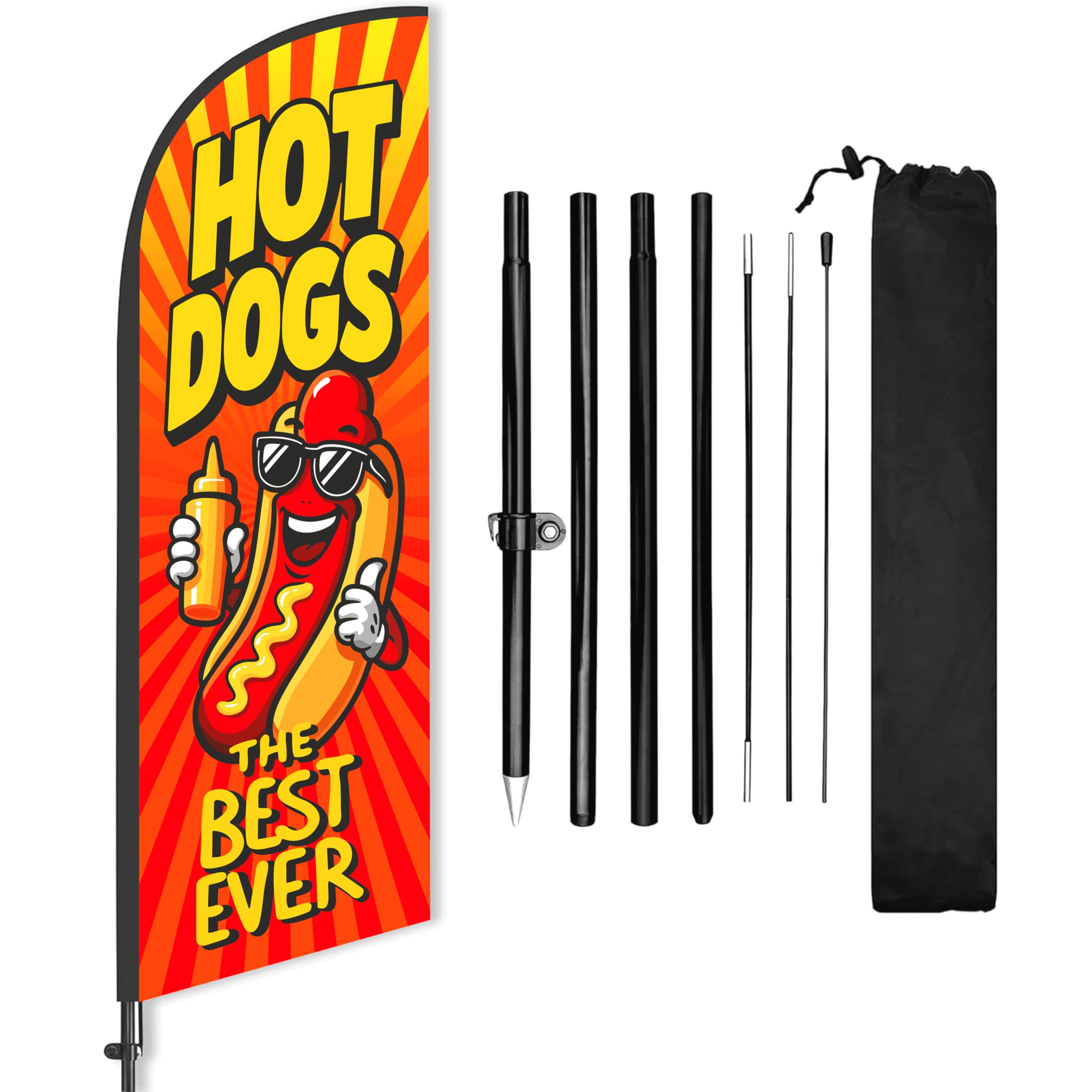 DIMARONGTON front view of 8ft hot dog feather flag showing bold text and visibility