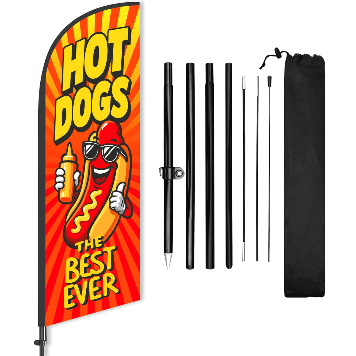 DIMARONGTON front view of 8ft hot dog feather flag showing bold text and visibility