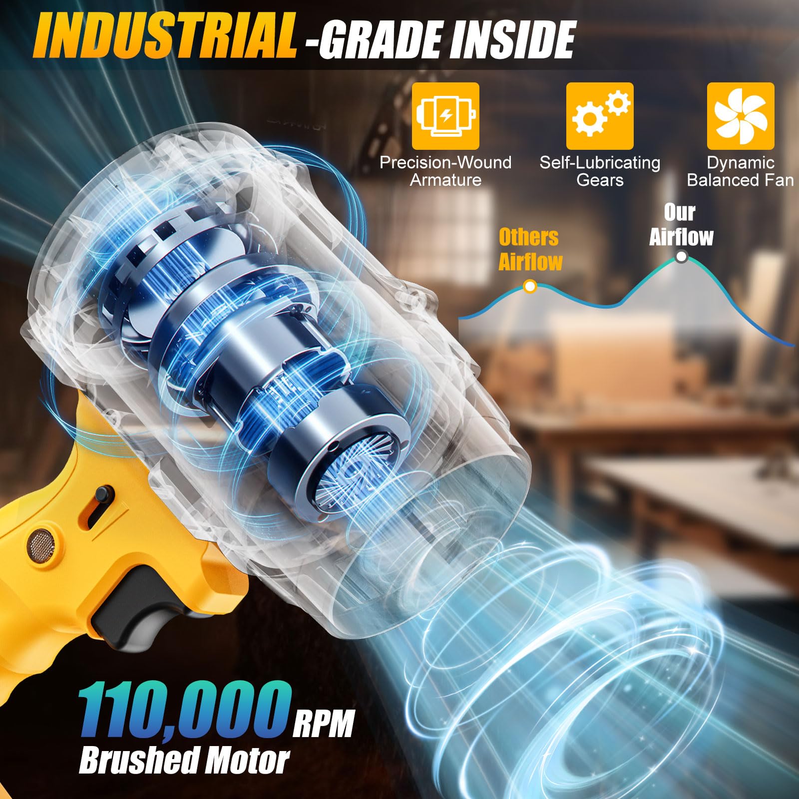 Dinftin trigger and grip detail emphasizing variable-speed control for precise blowing