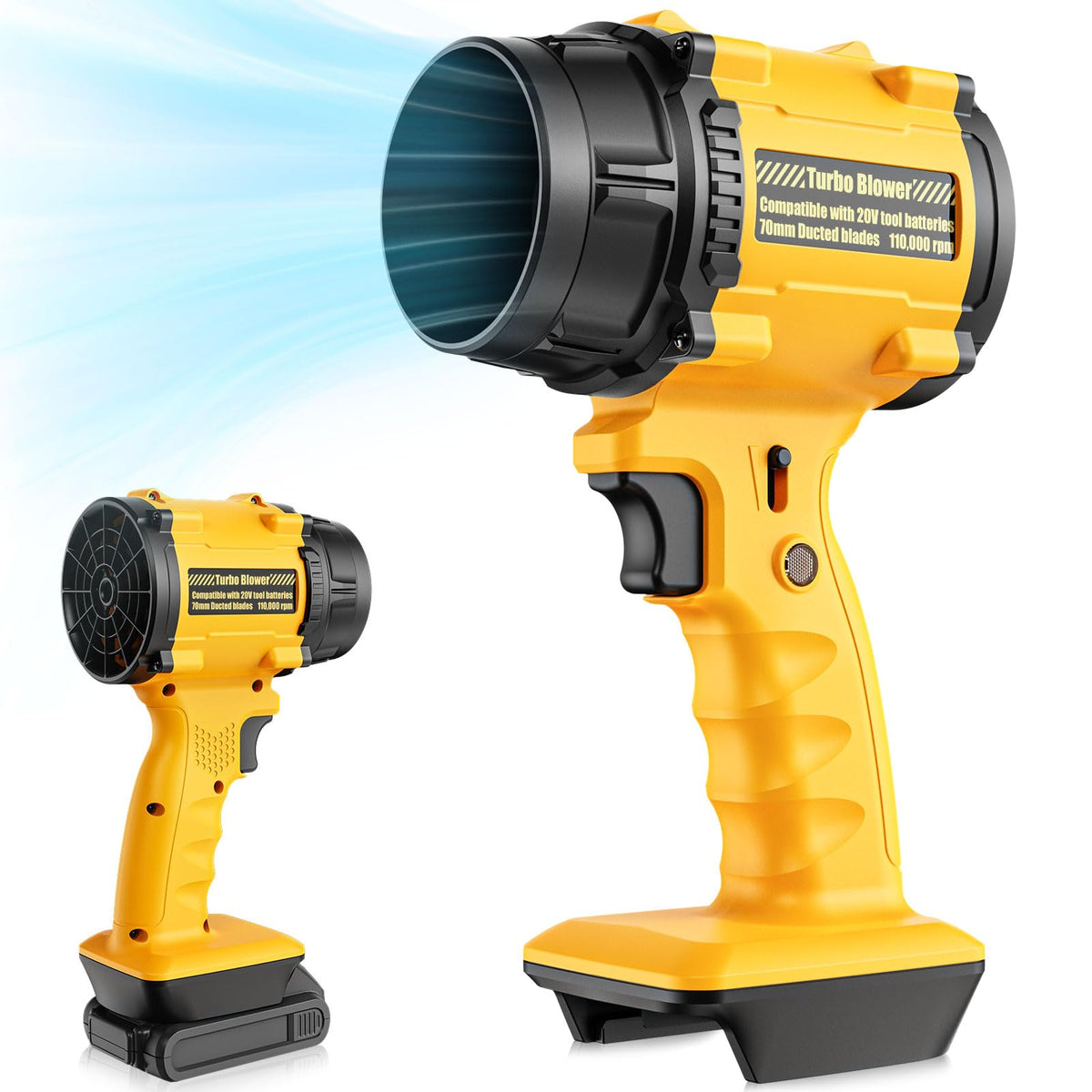 Dinftin front view showing compact blower and easy snap-in battery fit for convenience